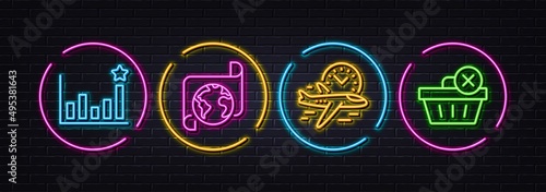 Efficacy, Translation service and Flight time minimal line icons. Neon laser 3d lights. Delete purchase icons. For web, application, printing. Business chart, Business document, Airplane clock. Vector
