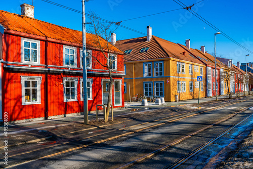 Street view of  colorful wooden houses in Trondheim. Norway. photo