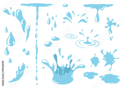 Water drops set vector background. Splash, drip, liquid droplet, falling raindrops in simple flat style isolated on white backdrop. Aqua icons graphic design