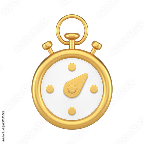 Premium realistic golden stopwatch with arrow movement for checking seconds minutes 3d icon vector
