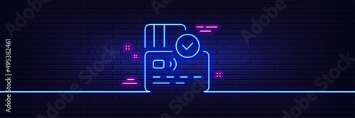 Neon light glow effect. Credit card line icon. Approved bank money payment sign. Non-cash pay symbol. 3d line neon glow icon. Brick wall banner. Card outline. Vector