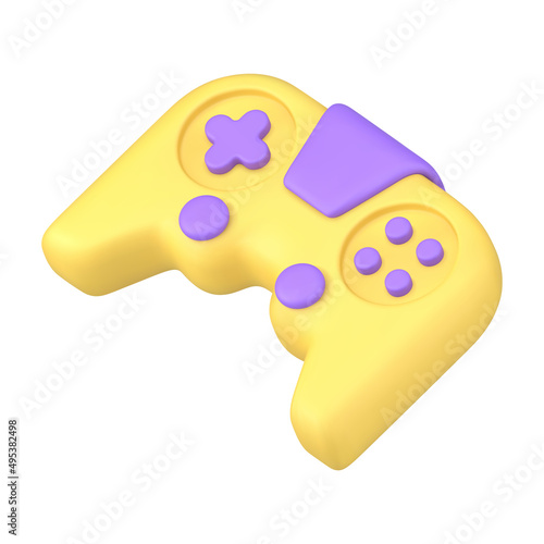 Yellow and purple video game joystick with buttons diagonally placed gaming console 3d icon vector