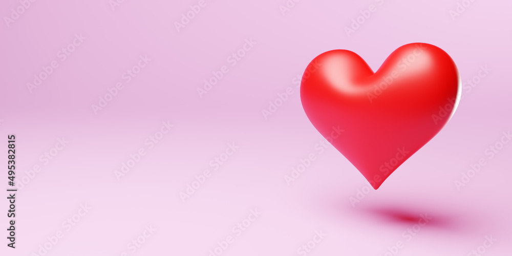 Red heart hovering over pink background. There is copy space on the left side. 3d rendering