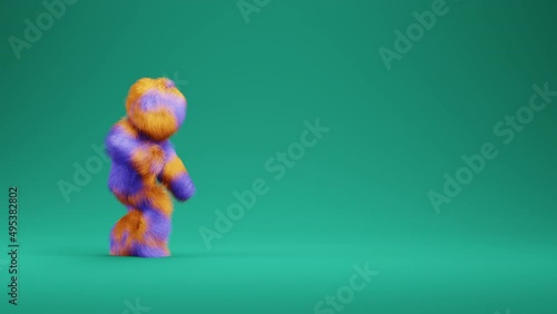 Colorful cartoon 3D yeti dancing across the screen against green background. 3D rendering.