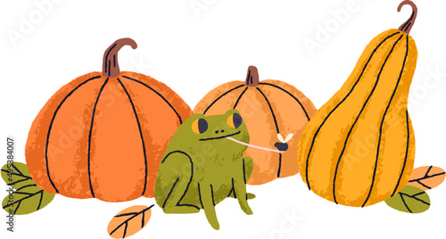 Pumpkins Composition with Frog Doodle Illustration