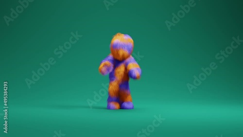 Cute little furry cartoon character jammin or dancing. 3D animation render photo