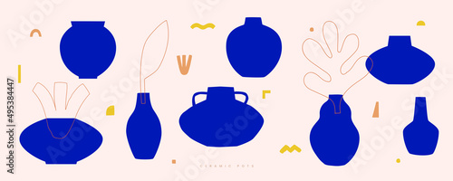 Large set of different shapes of decorative vases and pots vector illustration. Minimalist shapes in blue colors. Contemporary art for home decor. Design element for poster, cover, brochure.