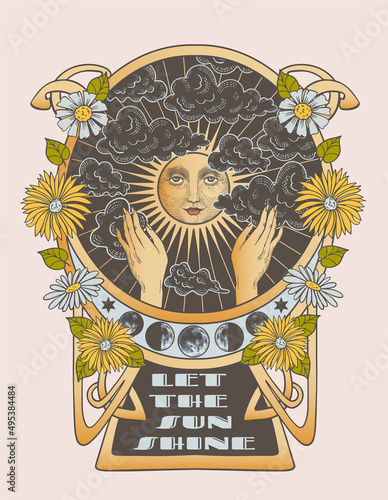 hands move the clouds and the sun comes out, retro, hippie print on t-shirt and the inscription: let the sun shine