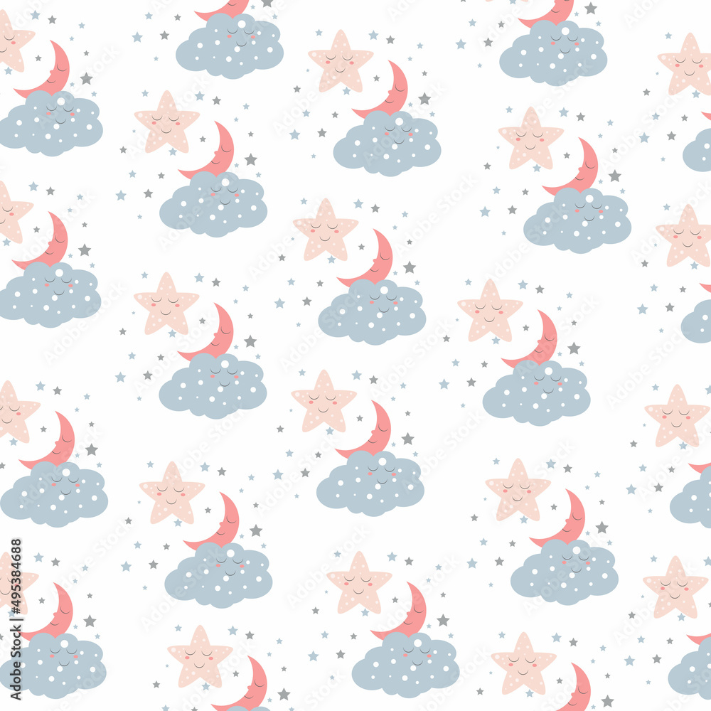 children's pattern. baby stars, Moon, cloud, gray, pink, red texture. suitable for a nursery, wrapping paper, wallpaper, baby shower, notebooks, office supplies. vector illustration.