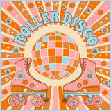roller skates and disco ball, retro illustration in 70s style, inscription: roller disco