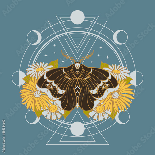 moth, cycles of the moon and flowers, mystical symbol, t-shirt print