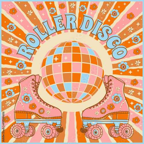 roller skates and disco ball, retro illustration in 70s style, inscription: roller disco