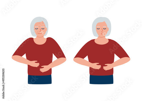 Senior woman is doing breathing exercise, respiratory deep breath, exhale and inhale. Healthy yoga and relaxation for erderly. Vector illustration