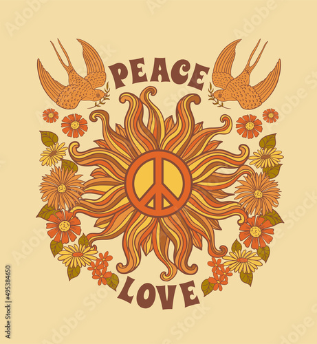 peace symbol with birds and flowers, vintage print on t shirt in 70s style