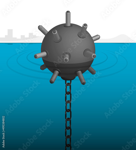 Realistic combat naval anti submarine mine in the sea. Fight against enemy ships. 3d vector illustration