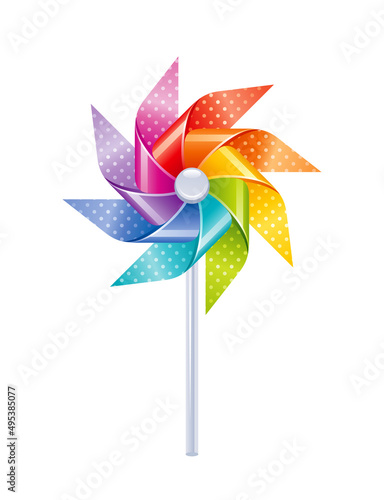 Pinwheel mill. Wind toy vector. Windmill pin wheel paper vector. Vane isolated illustration. Rotate color toy icon. Air whirligig summer fun origami. 3d Breeze rainbow good weather childs fan object