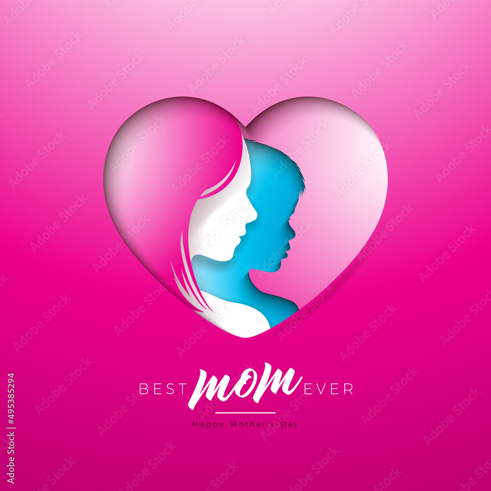 Happy Mother's Day Greeting Card Design with Woman and Child Face Silhouette in Heart Shape on Pink Background. Vector Mothers Day Illustration for Banner, Flyer, Invitation, Brochure, Poster.