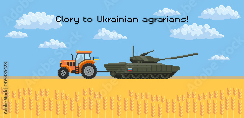 War of Russia against Ukraine. Tractor dragging a captured tank