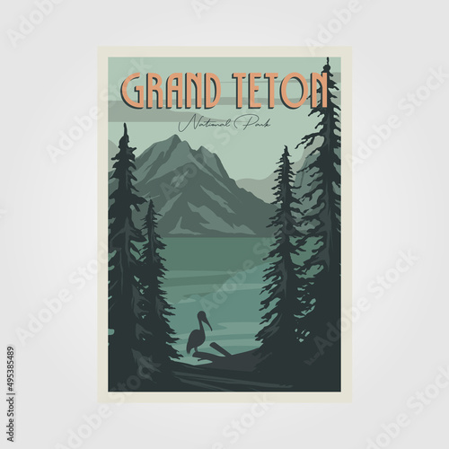Fototapeta grand teton national perk poster vector vintage illustration design, grant teton