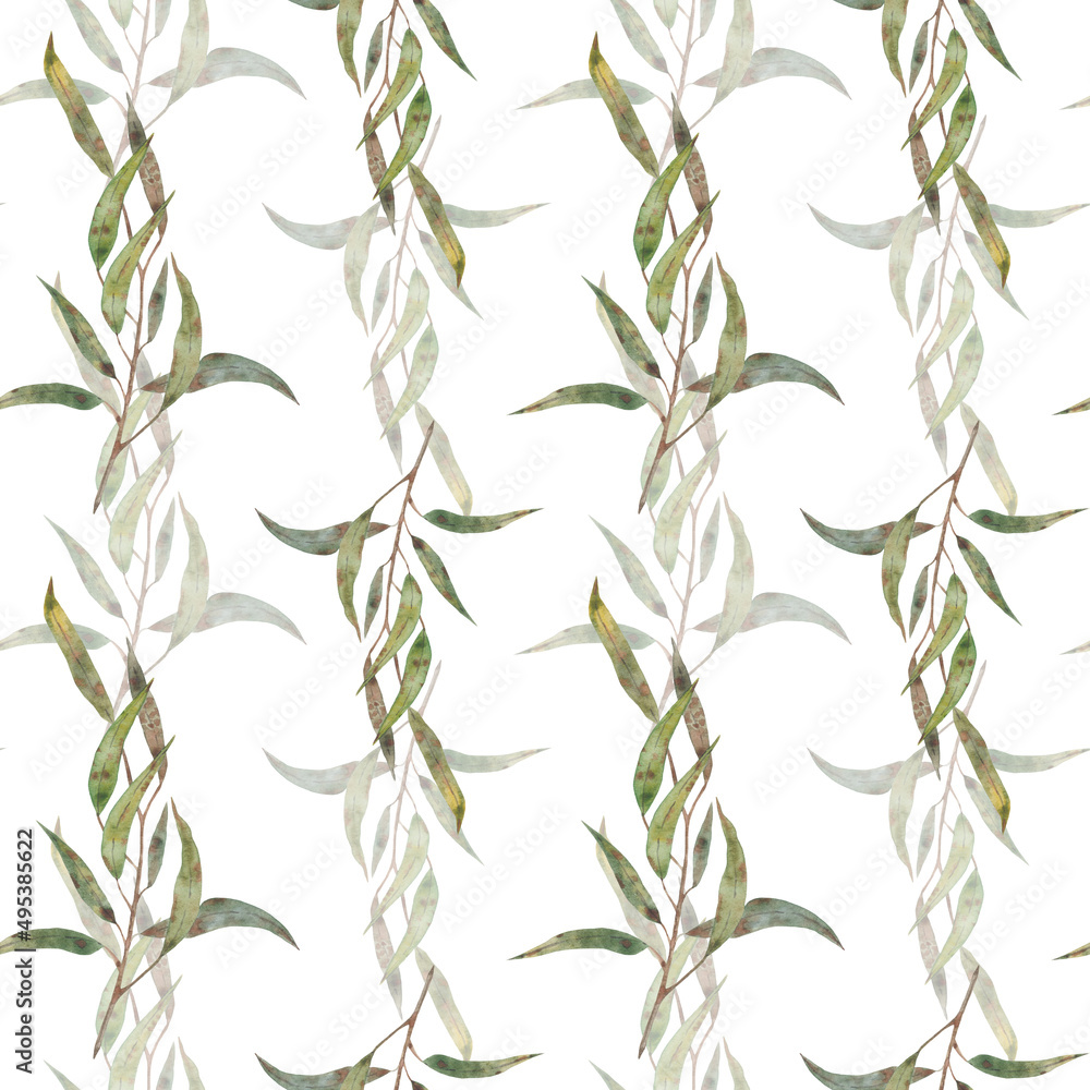 Seamless pattern with stylized green tree branches on a white background. Watercolor hand drawn illustration. Seamless pattern with stylized green tree branches on a white background. Watercolor hand drawn illustration.
