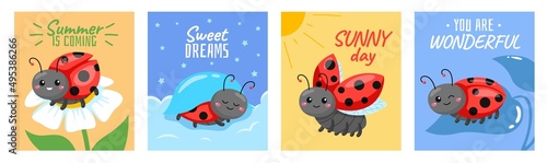 Cartoon ladybug cards. Baby pretty insects, childish cartoon beetle characters, cute red beetle sitting on leaf or flower, funny square posters with text. Spring, summer seasons vector set
