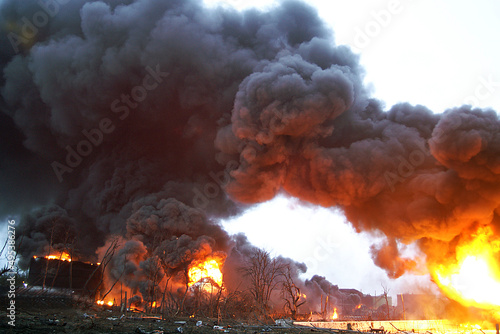 Vasylkiv oil terminal near Kyiv, Ukraine destroyed after missile strike, refinery fire.