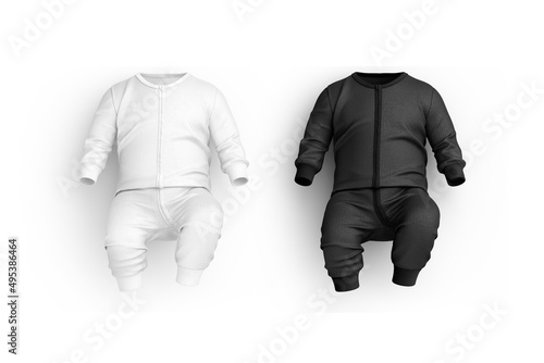 Fototapeta Naklejka Na Ścianę i Meble -  Blank black and white baby zip-up sleepsuit mockup lying, isolated