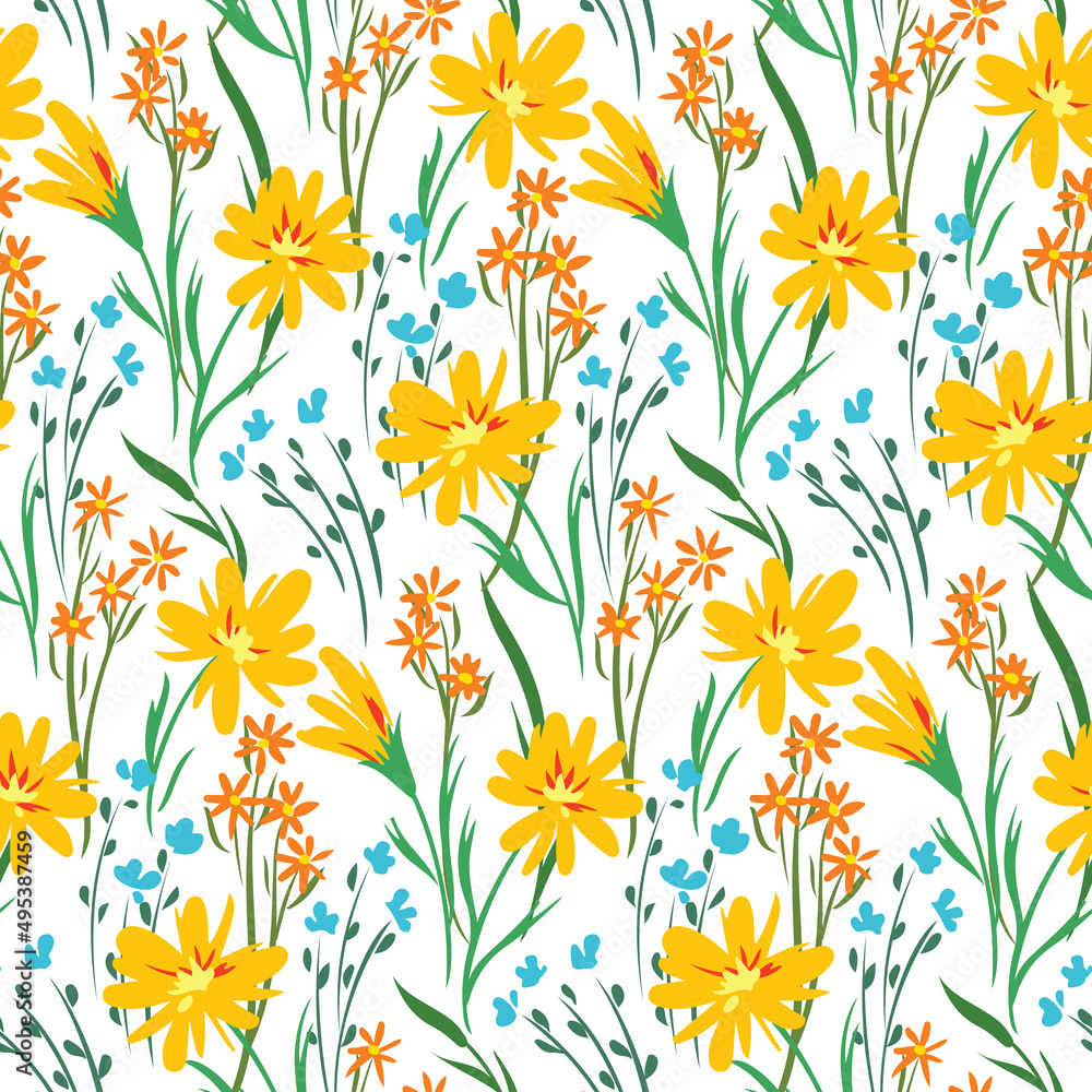 Spring floral print with rustic field. Romantic botanical background, seamless pattern with wild flowers, dandelion, leaves and herbs on a white surface. Vector illustration. Spring floral print with rustic field. Romantic botanical background, seamless pattern with wild flowers, dandelion, leaves and herbs on a white surface. Vector illustration.