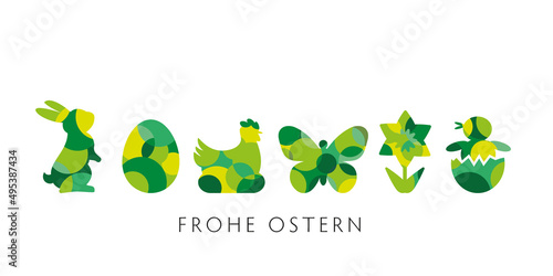 Ostergrüße mit grünen dekorativen Ostermotiven auf weißem Hintergrund - deutscher Text