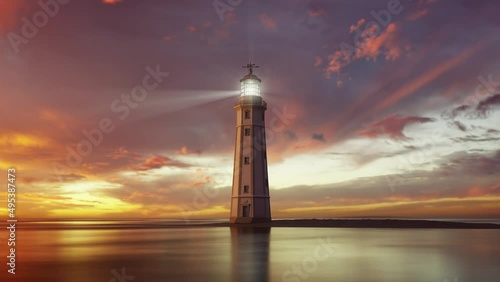 lighthouse at sunset with endless rotating light rays