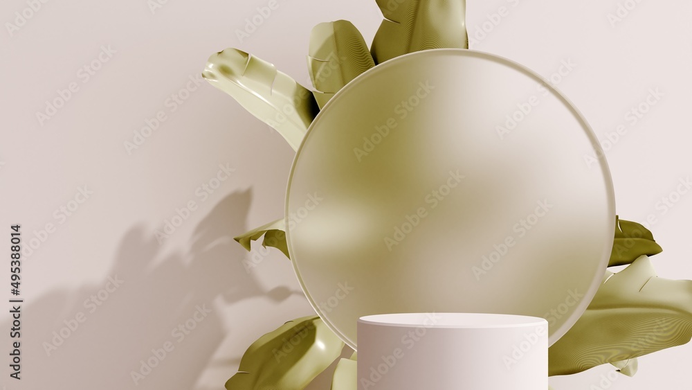 3D render podium, showcase with shadows on pastel background with tropical leaves of plants. Mock up for the exhibitions, presentation of products - 3D render. Composition of geometric object, arch. 3D render podium, showcase with shadows on pastel background with tropical leaves of plants. Mock up for the exhibitions, presentation of products - 3D render. Composition of geometric object, arch.