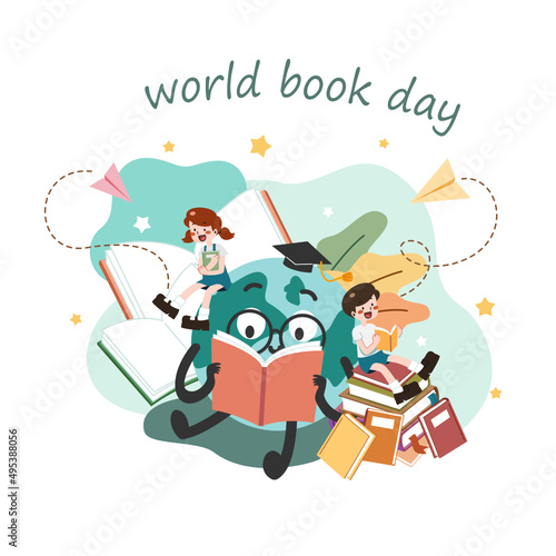 A cute world mascot, a boy and girl reading a book and enjoy studying together. World book day concept cartoon flat vector illustration. International literacy day.