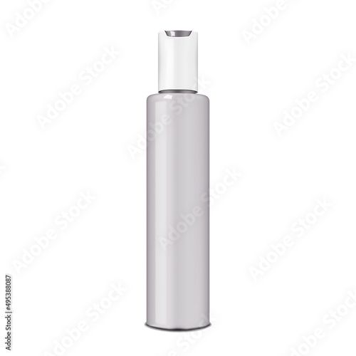 Cosmetic bottle with disc top screw cap isolated on white background, realistic mockup. Liquid beauty product packaging container, vector mock-up. Template for design