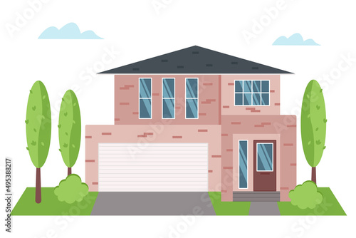 Modern house with car garage and garden,
isolated on white background. Real estate. Vector illustration