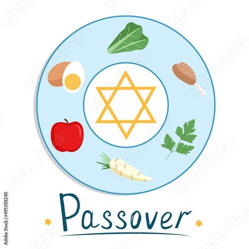 Passover holiday. Passover seder plate with flat traditional icons. Vector illustration
