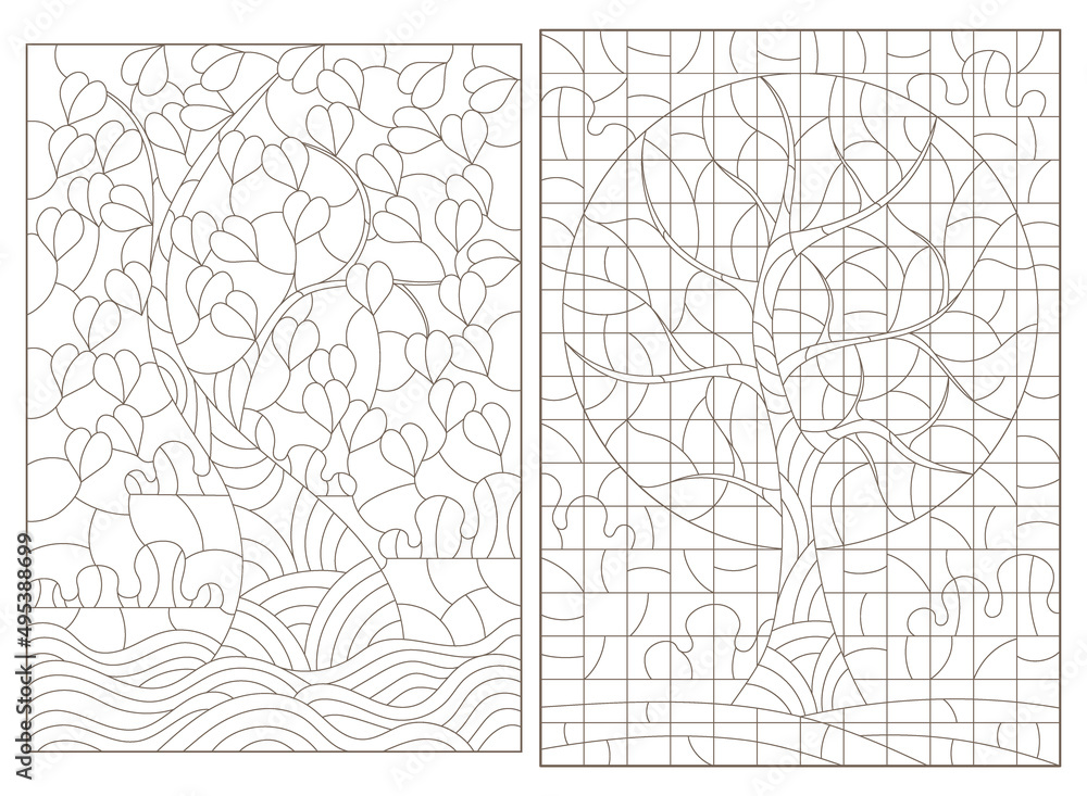 A set of contour illustrations in the style of stained glass with abstract trees, dark contours on a white background