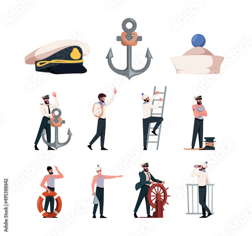 Captains and sailors. Navy marine or ocean workers mariner sailors in costume garish vector set