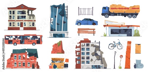 Damaged city objects. Collapsing urban buildings and transport, post apocalyptic destructions, war abandon houses, street ruins, broken car, bus and garbage truck, vector isolated set