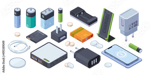 Isometric chargers. Battery for smartphones charging plugs for transfer power electricity cell phone adapter garish vector 3d templates
