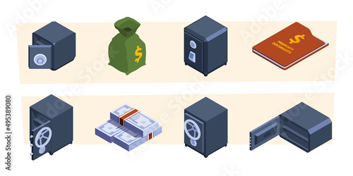 Safe deposit isometric. Steel packages and banking vault for money security opening safe deposit garish vector 3d pictures set isolated