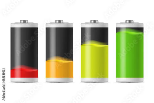 Battery charging stages. Cylinder accumulator colorful energy metal containers loading levels decent vector templates set