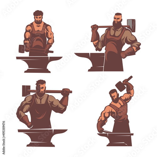 Blacksmith characters. Strong man worker with big steel hammer making weapons armors and other metal elements exact vector blacksmith labels collection