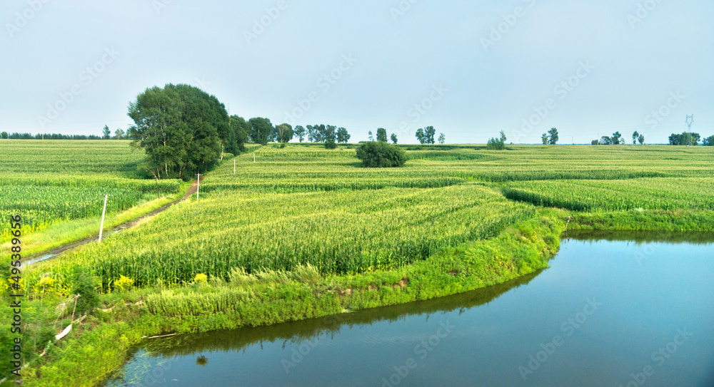 Landscape with farm and pond