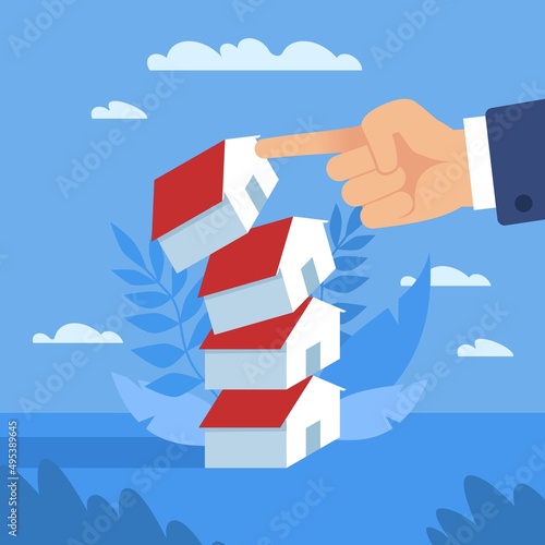Falling real estate. Directional drop, falling prices, property market crash, lowering cost of houses, economic recession, investment asset fall down, vector cartoon flat style concept