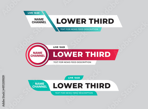set of colored vector lower thirds for news titles and credits, channel name and time.