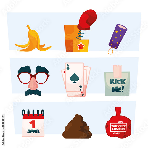 1 april. Symbols of fools day joke glasses present boxes smile mood pictures garish vector colored templates isolated