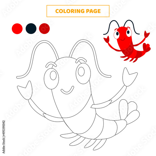 Coloring page for kids with cute shrimp.