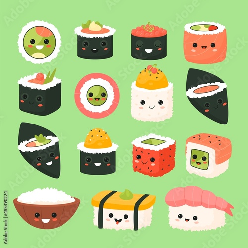 Funny japanese food. Rolls and sushi cartoon characters, kawaii comic ingredients, asian cuisine emoji, rice, salmon in seaweed, mascot with happy emotions, vector isolated set
