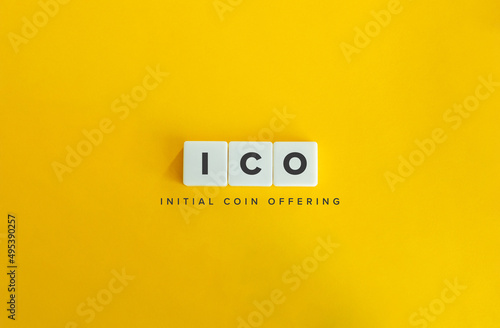 ICO (Initial Coin Offering) Banner. Letter Tiles on Yellow Background. Minimal Aesthetics.