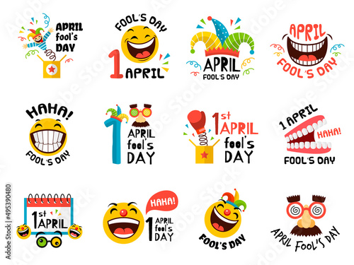 1 april symbols. Fools day emblems and logos with place for text recent vector template set